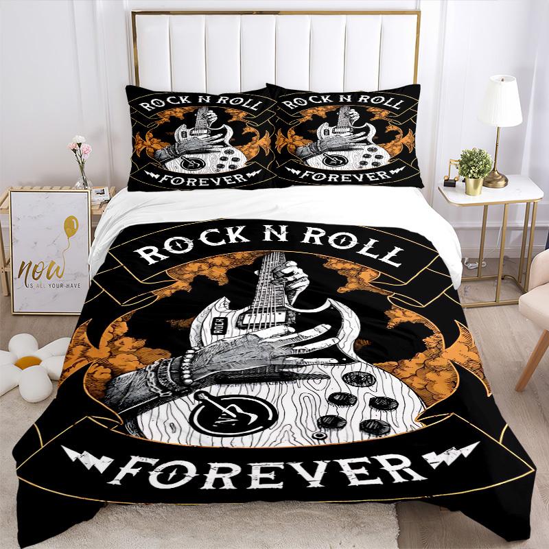 3pcs Rock N Roll Guitar Duvet Cover Set - Machine Washable, Includes 1 Duvet Cover and 2 Pillowcases, No Core Included Yy251022177
