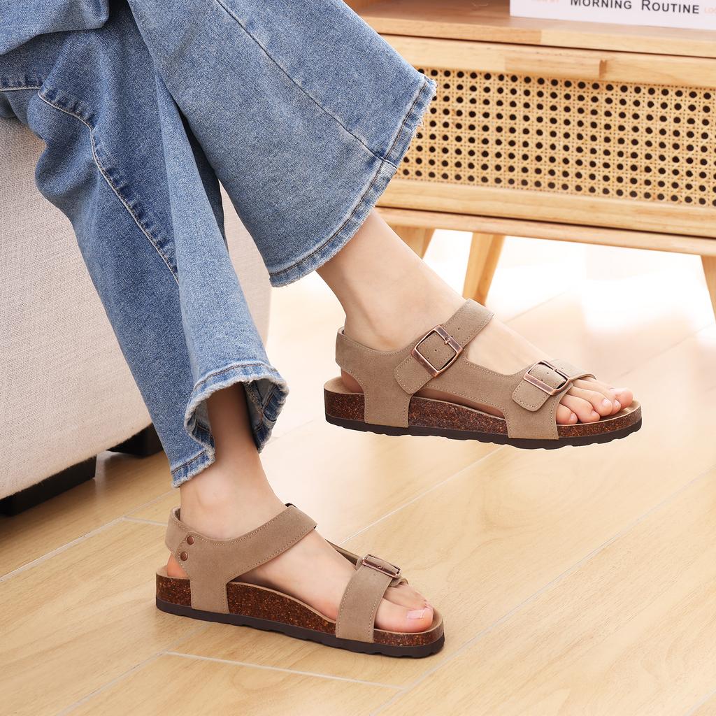 Fashion Crestar Women's Clogs New Classic Cow Suede Sandals with Double Buckle Arch Support Outdoor Lady Cork Flat Clogs Casual Slipper
