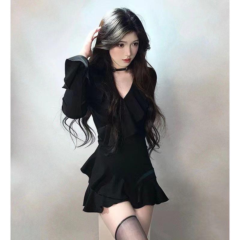 Women's Black Ruffle Bell Sleeve V-Neck A-Line Dress - Elegant Waist-Defining Spring & Autumn Short Skirt