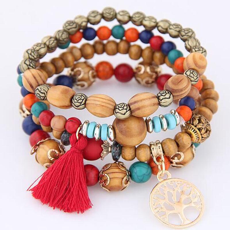 DIEZI Ethnic Tassel Crystal Beads Bracelets for Women Girls Gift Elastic Rope Shell Leaves Charm Wrap Bracelet pulseira feminina