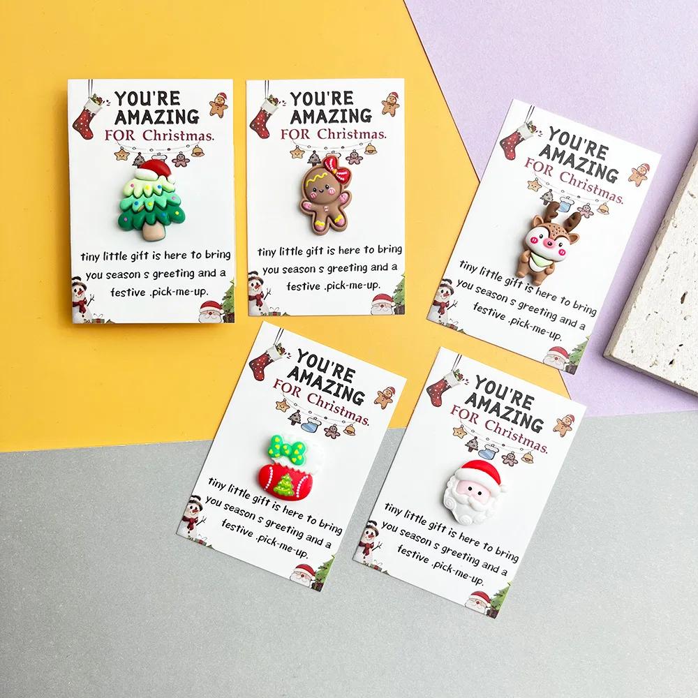5pcs Christmas Mini Hug Cards with Resin Ornaments Santa Claus Socks Gingerbread Snowman Reindeer Patterns Christmas Gifts