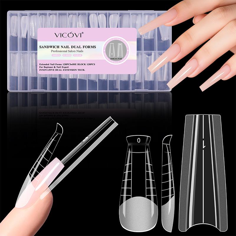 Sandwich Dual Nail Forms 240Pcs 15Size Quick Extensions-Dual Forms No Paper Forms Needed 3D Ellipse Manicure Forms Nail Art Tool