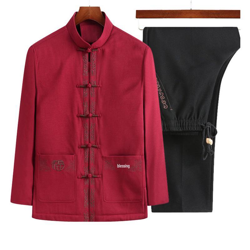 Men's Embroidered Tang Suit Set: Long Sleeve Hanfu Overcoat for Spring & Autumn