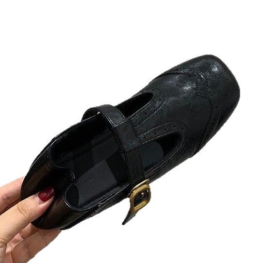 Retro Carved Square Head Shallow Mouth Single Shoes Flat-soled Small Leather Shoes Women's Niche Design French Mary Jane Shoes Autumn Women