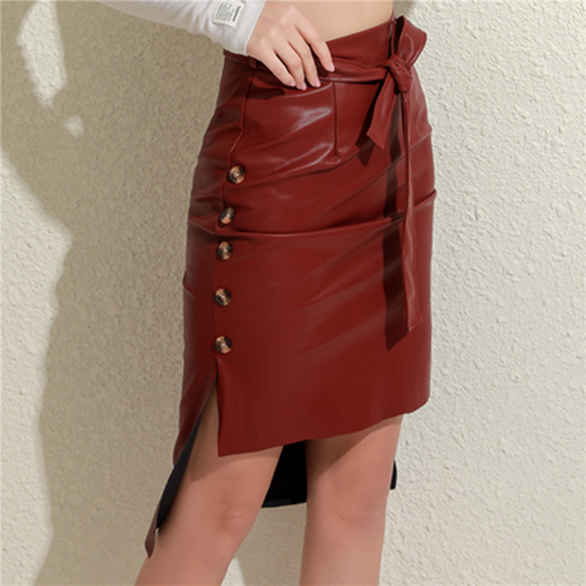 Ladies Sexy Lace-Up Leather Skirt Party Dress Fashion Solid Color Casual Bodycon Midi Skirt