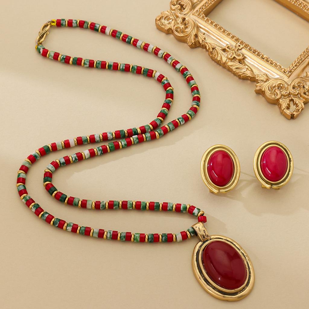 French Retro Colored Natural Stone Lock Chain With 925 Silver Needle Earrings Set Luxurious High-end