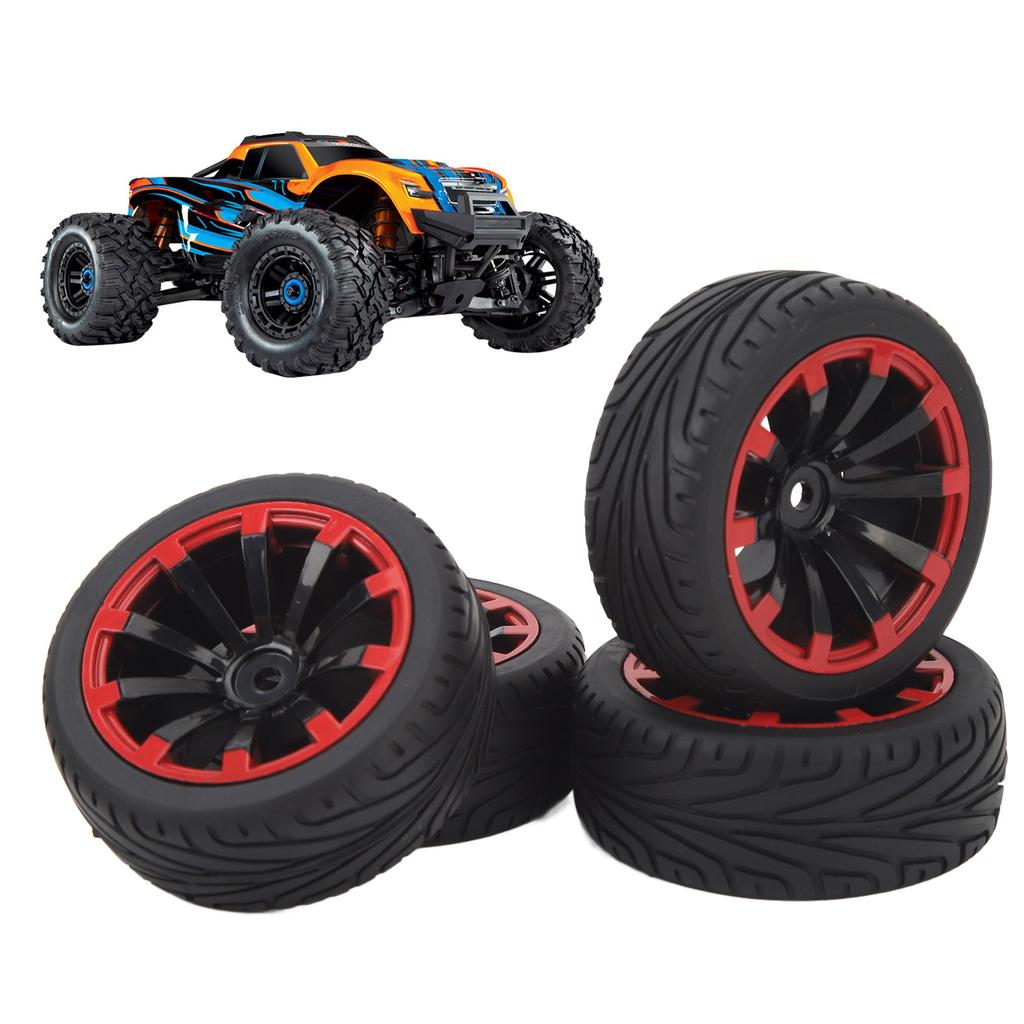 4Pcs 12mm Hex RC Wheels Tires 1/10 Scale Off Road Tires F Shaped Tread 10 Hole Red Ring Wheel Hub Tires