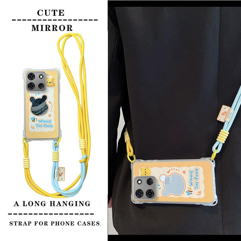 KEYSION Crossbody Strap Phone Case for TECNO Spark Go 2023 Pop 7 Pro Cute Cartoon Long Lanyard Mirror Shockproof Cover for Infinix Smart 7