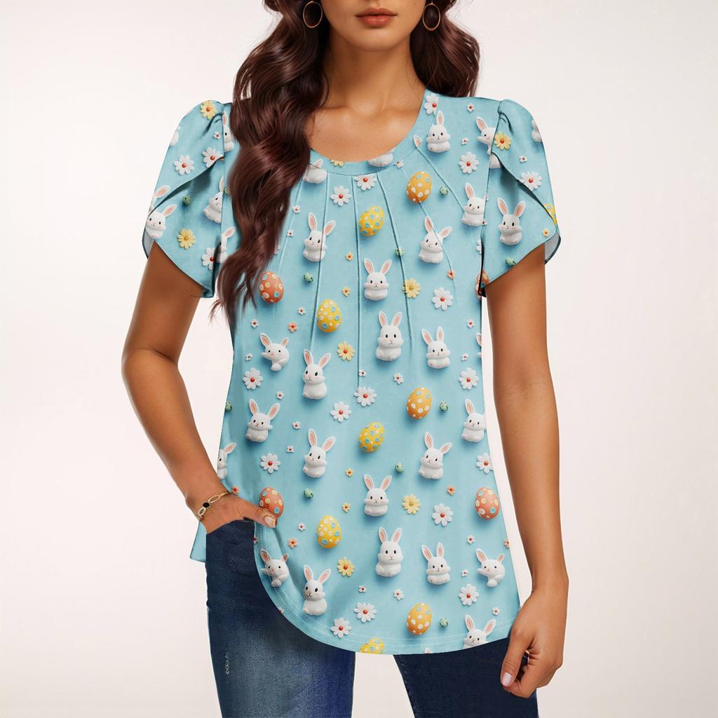 Women's Fashionable Round Neck Short Sleeve Printed Casual Basic Pleated Pullover T-shirt Top