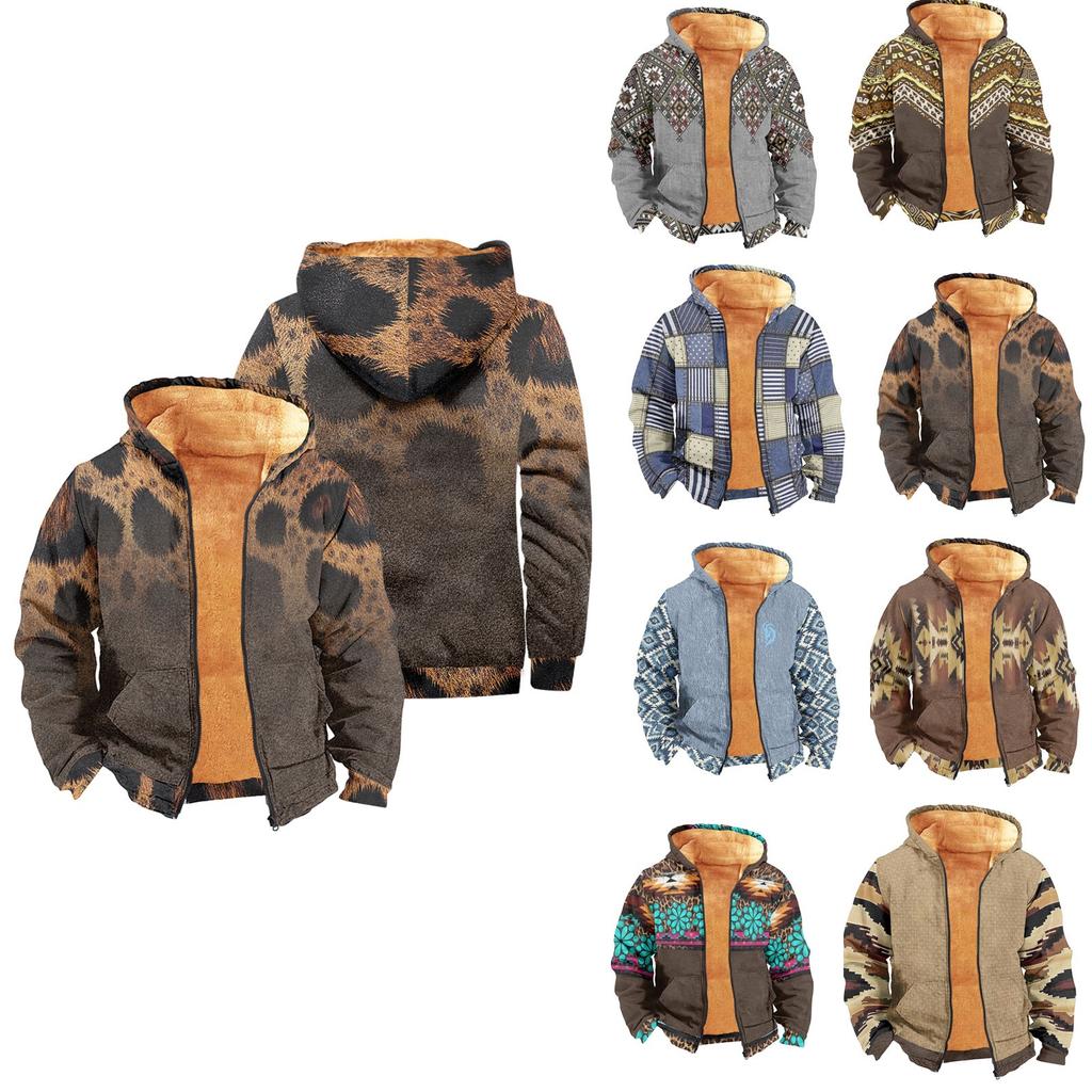 Men's Print Long Sleeve Pocket Coat Fashion Plus Velvet Overcoat