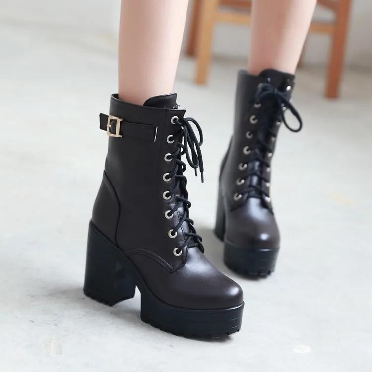 Fashion 2024 Russian Hot Sales Women Shoes Thick Platform High Heel Female Ankle Boots Round Toe Lace up Zipper Motorcycle Boots