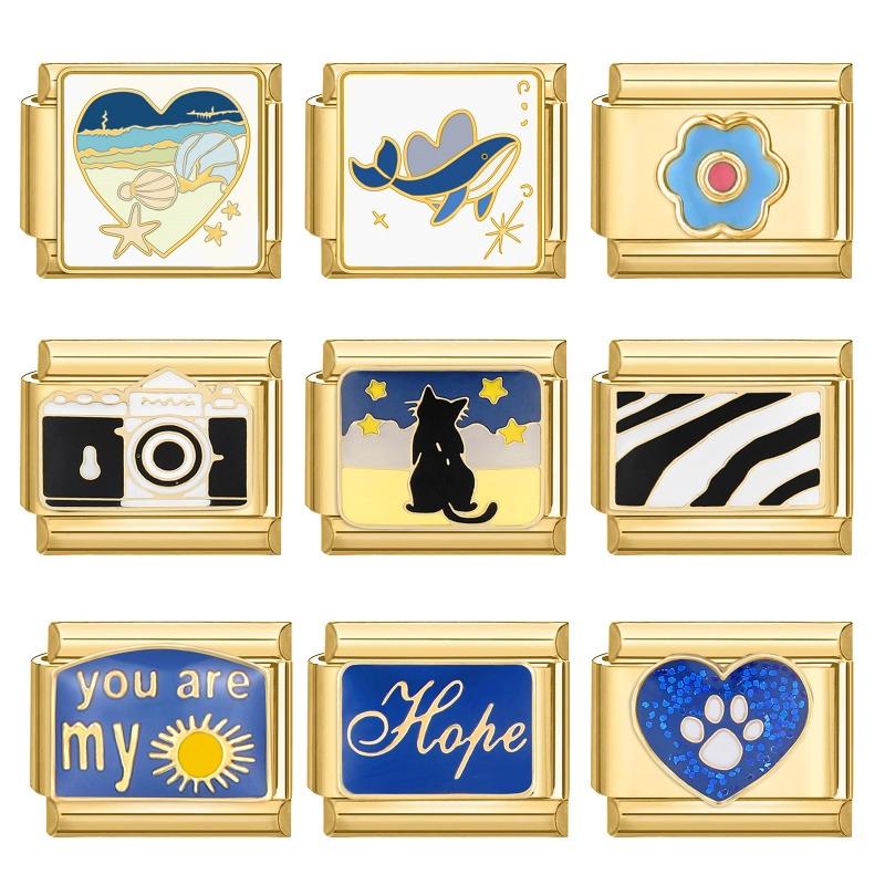 Y2K Golden Charm Camera Heart Cherry Shark Cat Sun Italian Charm Links Fit 9MM Bracelet Stainless Steel DIY Jewelry Making Gifts