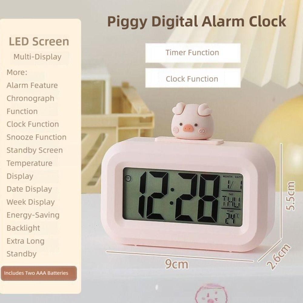 Kawaii Cartoon Pig LED Digital Clock Pink with Night Light Alarm Clock Cute Desktop Clock Student Dormitory2