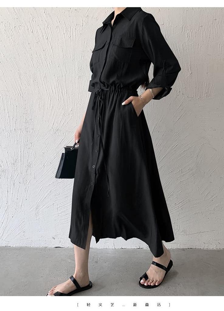 JINJUDUO Long Sleeve Shirt Solid Lapel Long Dress Women's Dress, Casual, Color, (M, Black)