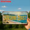 2D Flat Retro Metal License Plate Sunshine Coast Aluminum Sign with Tropical Beach Scene, Coastal Country Wall Art