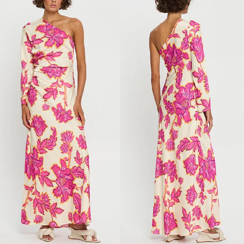 2025 Elegantes langes Ein-Schulter-Kleid mit Rosenprint aus Satin für Damen