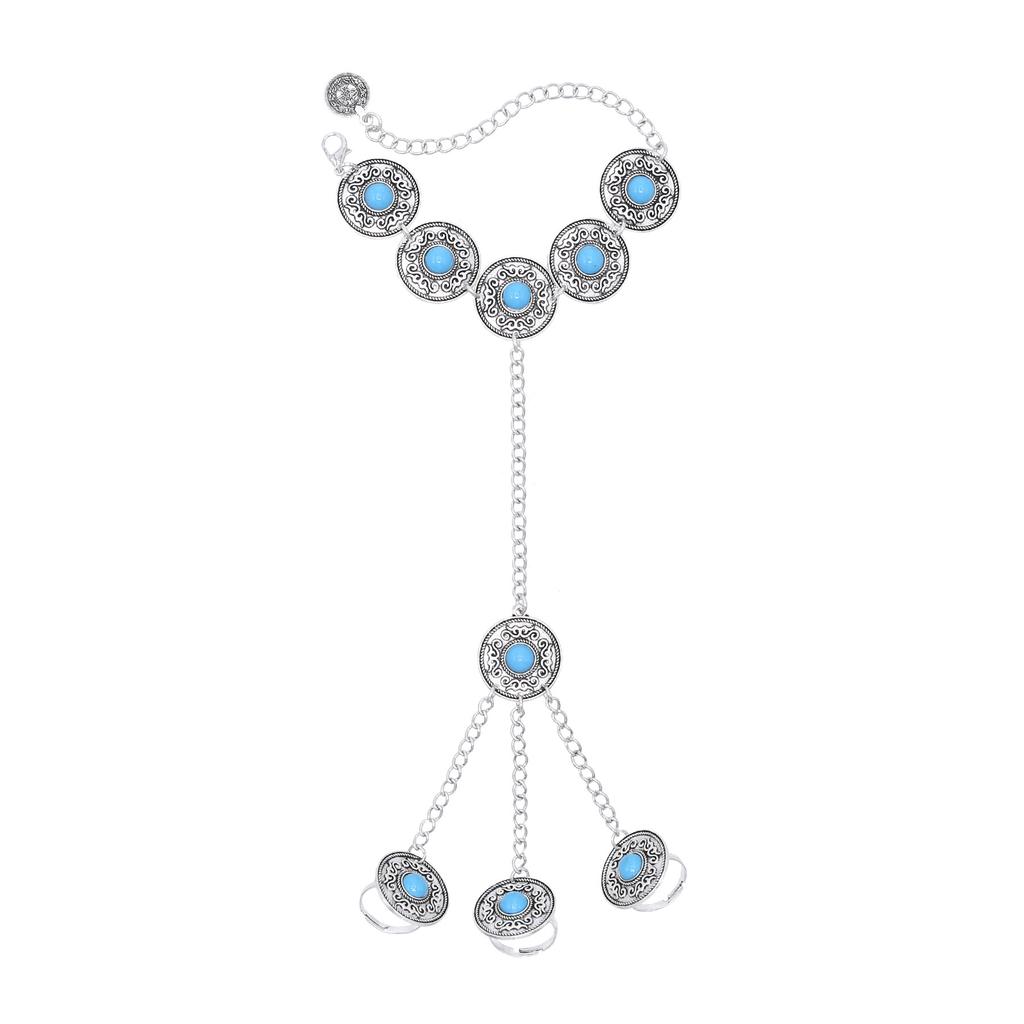 Vintage Silvery Long Chains Finger Pulling Bracelet Alloy Carving Flower Round Acrylic Gem Boho Ethnic Women's Bracelet Jewelry