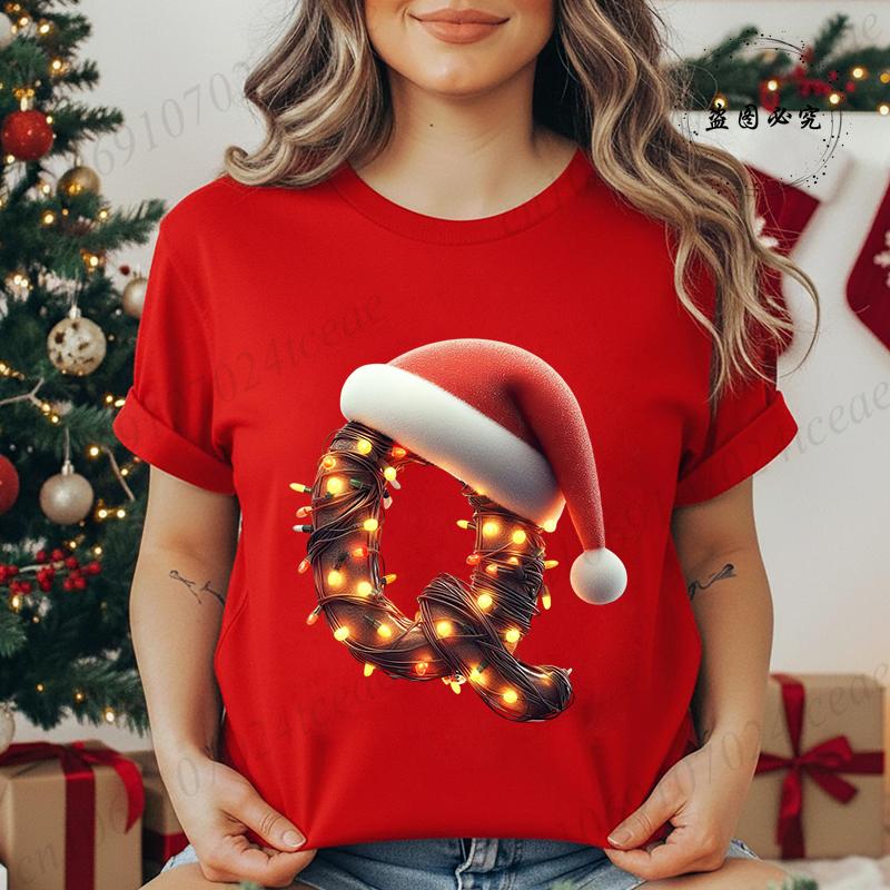 Women's Casual T-Shirt Christmas-lights-wrapped-letter Graphic Tshirt Christmas Design Round Neck Short Sleeve Tee Shirt Clothes