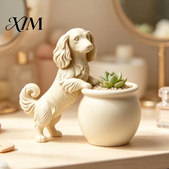 Small Herbaceous Flower Holder 3D Printed Long Haired Dachshund Planter, Cute Dog Flowerpot for Cactus Air Decorative Ceramic Look Pot Plants