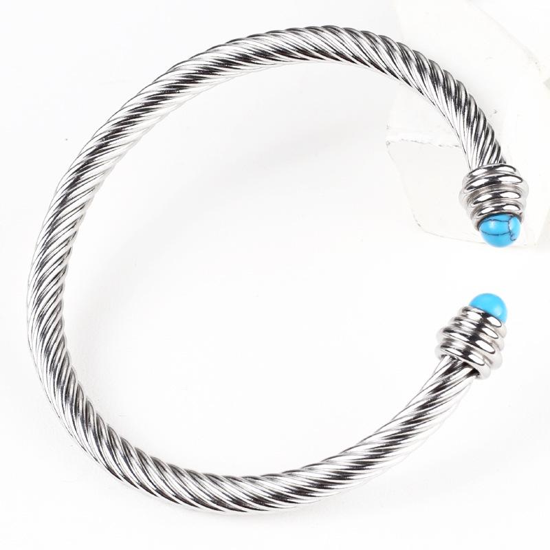 Women's Stainless Steel Wire Bracelet with Black/White Beads, Turquoise Crystals, and Pearl Accents