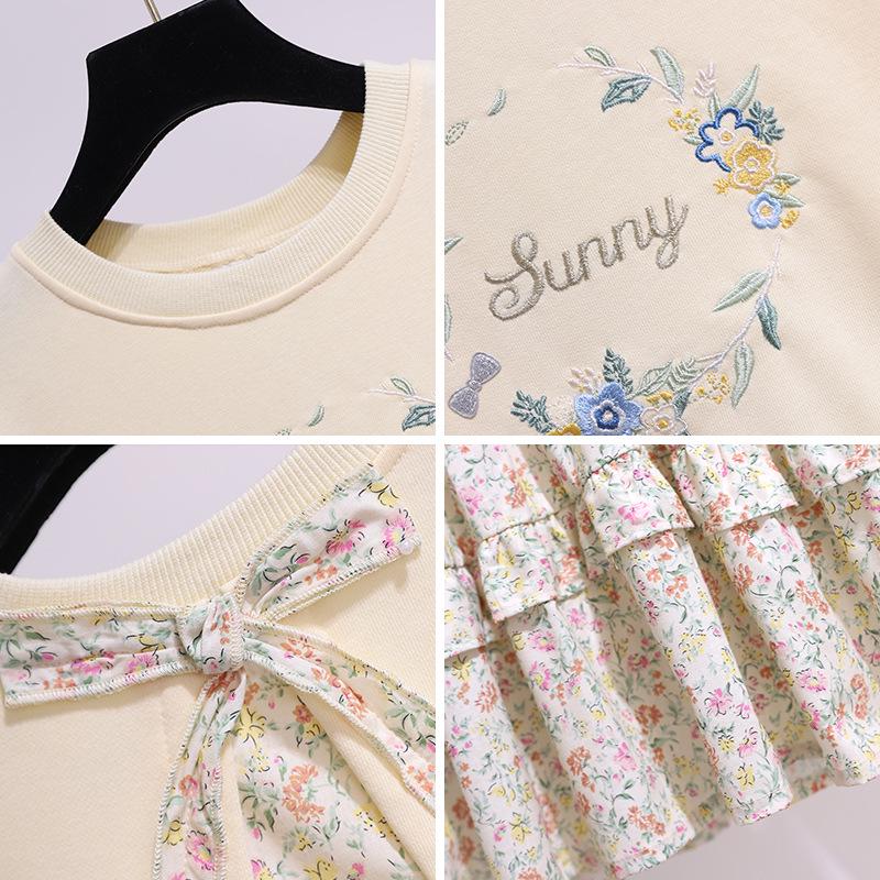 Dívčí svetrové šaty s květinovým prošíváním - Dlouhý rukáv, dvoudílný vzhled pro jaro a podzim