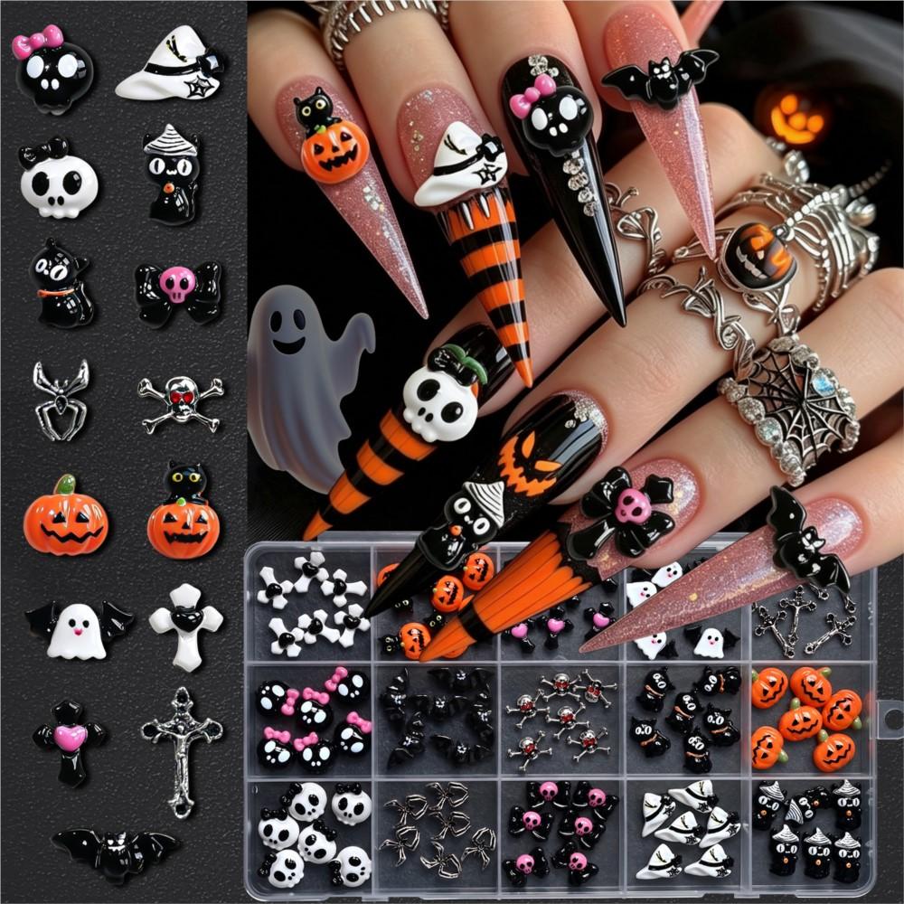 15grid/90pcs 3D Cute Halloween Pumpkin/Skull/Ghost/Cross Nail Gems Black Cat Bow Bat Nail Charms Resin Flatback Halloween Nails