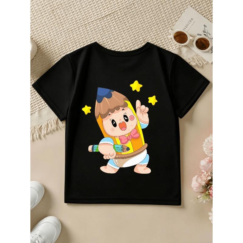 European sizes Back-to-School Season Boys' Short-Sleeve T-Shirt for Spring, Summer, and Fall - Cute Creative Cartoon Pencil Print