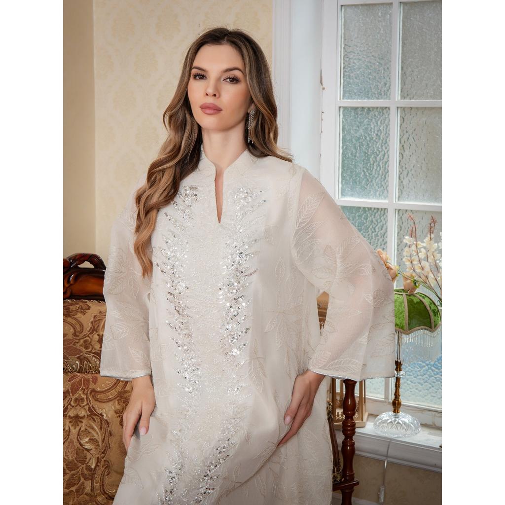 New Heavy Sequined Full Body Mesh Embroidered Kaftan Robe, Hot Sale Cross-border Women's Long Dress, Wholesale In Stock