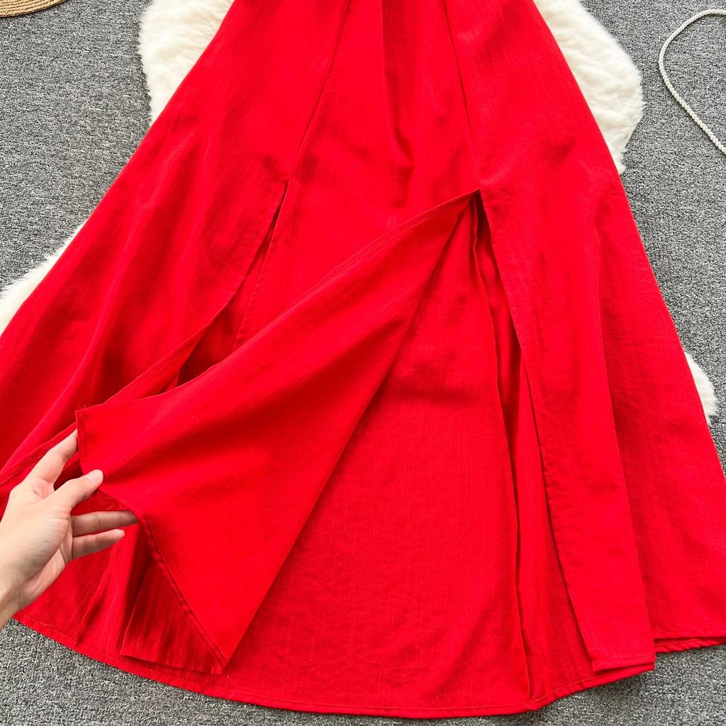 Design Hollow-out Wrap-around Hanging Neck Dress Scheming Strap Slim Fit Long Over-the-Knee Split Vacation Suspender Dress