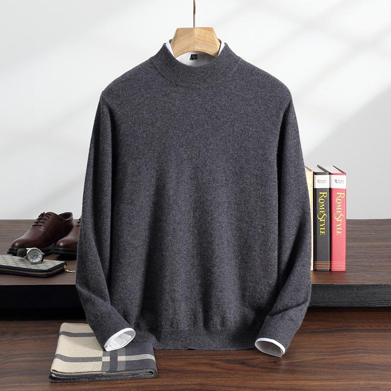 Men's Cashmere Half-High Neck Pullover - Autumn/Winter Versatile Loose Knit Sweater for Mid-Aged and Young