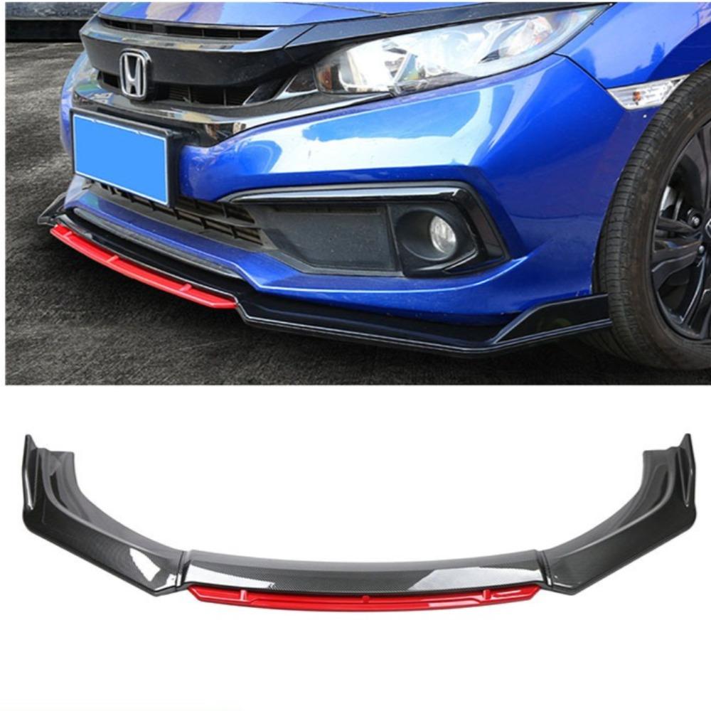 Universal 4-Piece Car Front Spoiler Kit - Front Lip with Red Trim, Bumper Corner Guards & Small Body Kit for Bumper Protection