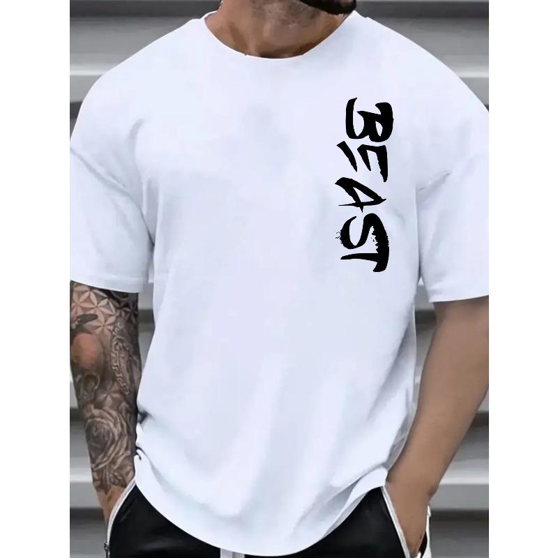 European Sizes Men's Casual Crew Neck T-Shirts with BEAST Print, Slight Stretch, Loose Fit Short Sleeve Tee Tops for Adults