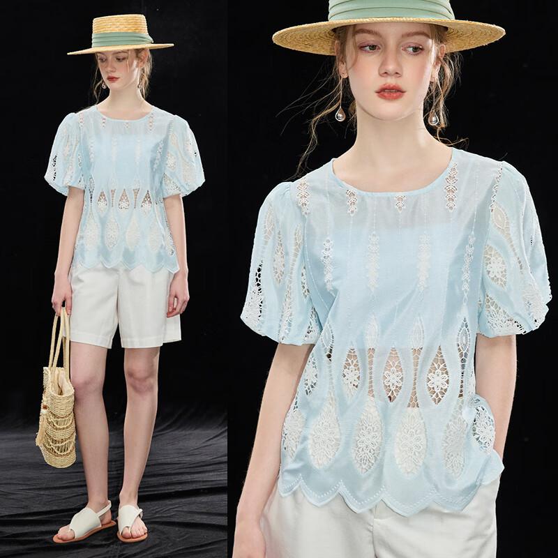 Wudao French Style Embroidered Lace Short Sleeve T-Shirt XL