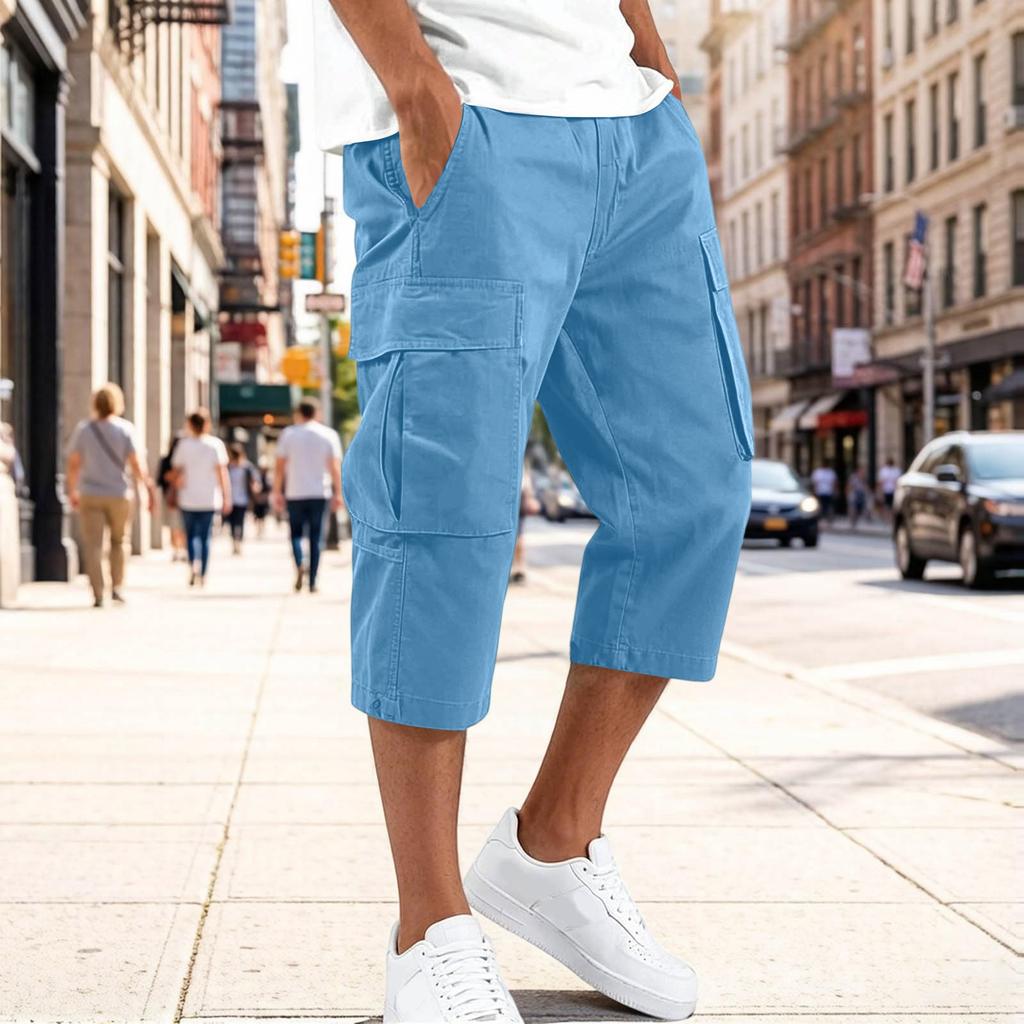 Men Cargo Shorts with Drawstring Waist Multi Pocket Design Casual Mid Length Workwear Pants for Outdoor Activities and Everyday Use