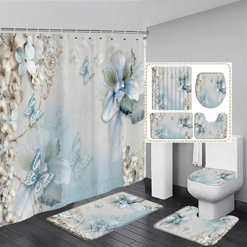 

Fashion Pearl Floral Shower Curtain Set Diamond Swan White Stripe Geometric Woman Home Bathroom Decor Bath Mats Toilet Lid Cover W60H190(CM)-1 Pcs