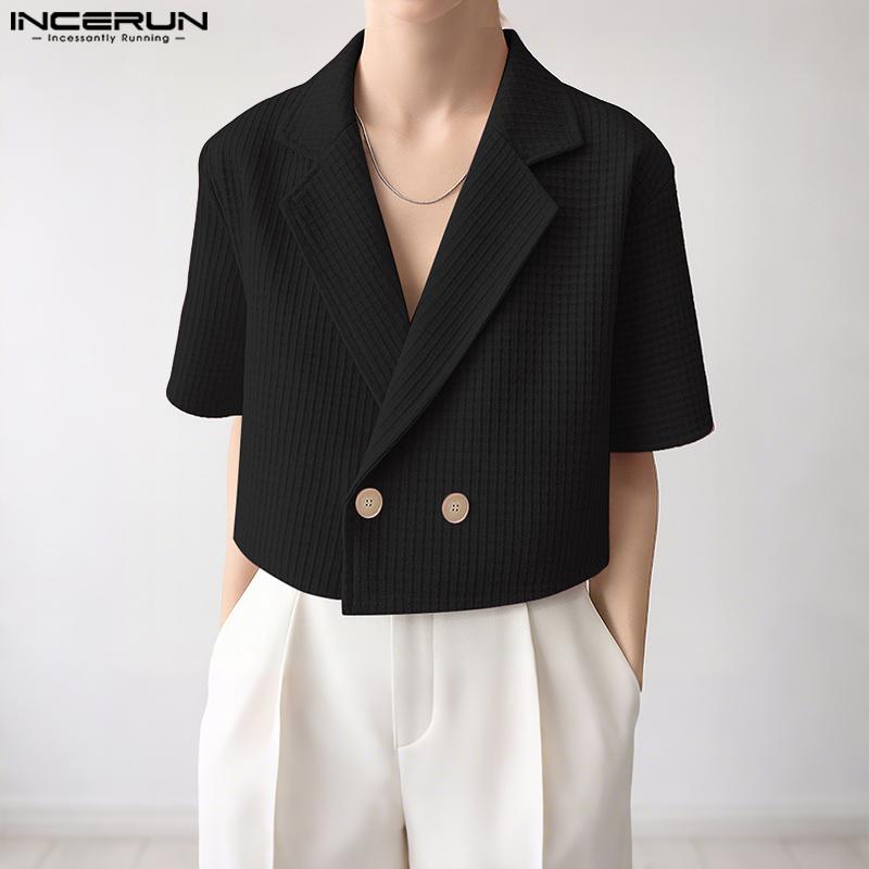 INCERUN Oversized Men Lapel Short Sleeve Casual Thin Texture Cropped Blazer Tops