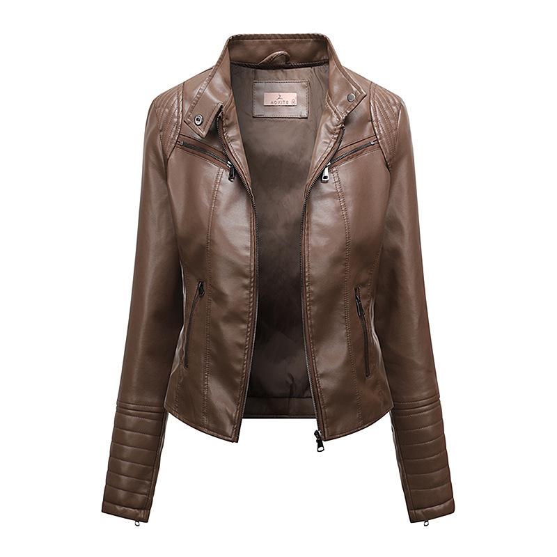 Cross-border European and American style slim-fit short PU leather jacket women's locomotive jacket stand-up collar zipper fashion versatile spring a
