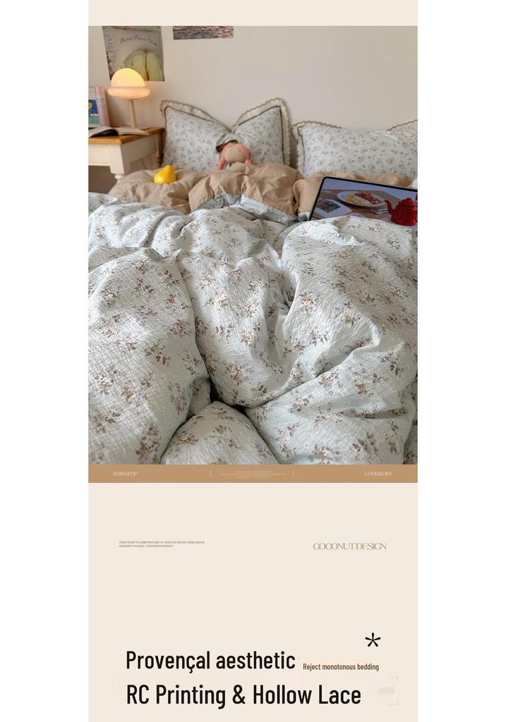 Korean French Style Hollow Lace Puff Cotton Bedding Set, Girly Duvet Cover - Available As 4-Piece or 3-Piece Set