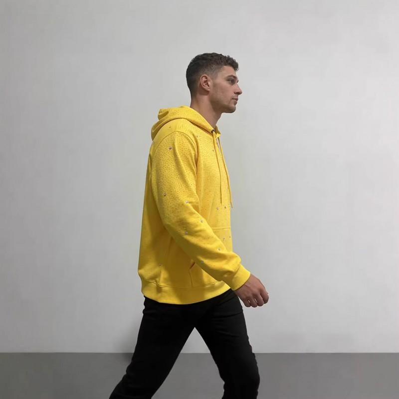 Street Style Yellow Hoodie Allover Rhinestone Star Design Cotton Pullover Men Women