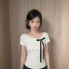 Gram Cotton, Polka Dot Shoulder Short-sleeved T-shirt Women's Summer Bow Design Sense Slim-fitting Short Korean Top