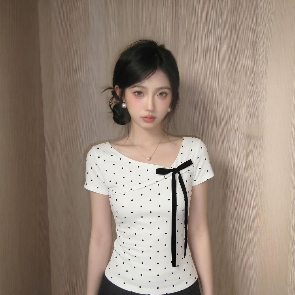 Gram Cotton, Polka Dot Shoulder Short-sleeved T-shirt Women's Summer Bow Design Sense Slim-fitting Short Korean Top