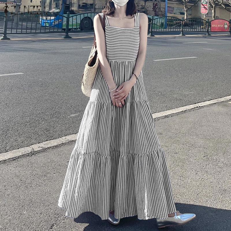 ZANZEA Womens Square Collar Summer Casual Sleeveless Long Dress