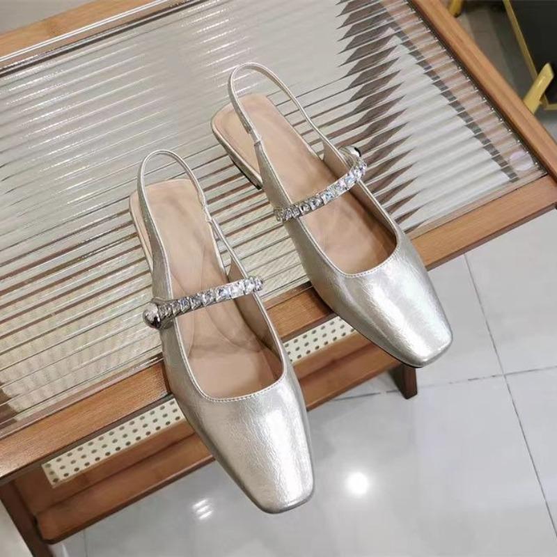 Square Toe Comfort Shoes for Women 2025 Summer Buckle Strap Block Heels Rhinestone Sandals Suit Female Beige Low Chunky Spring