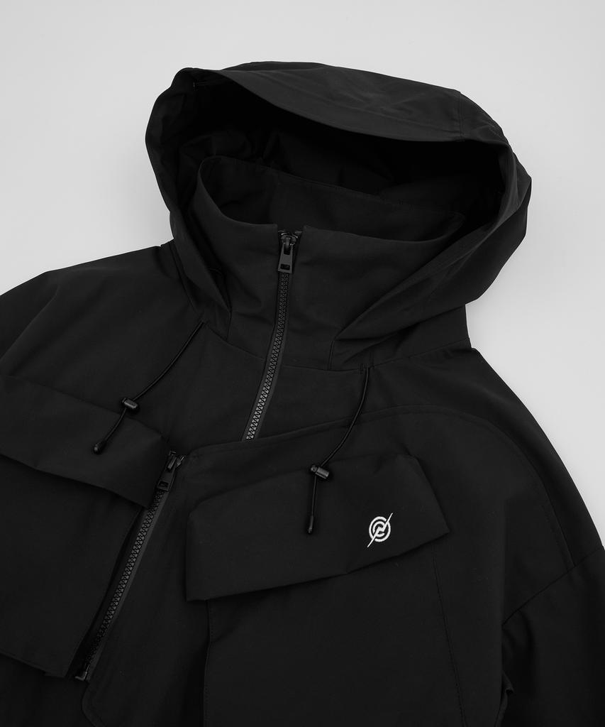Kalapatthar 3Layer Offset Zip Pocket Hooded Jacket - Black
