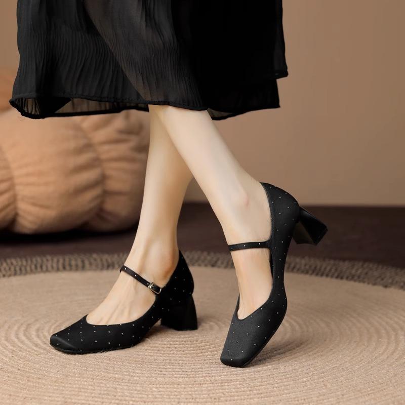 New Autumn Black Polka Dot Diamond Embedded Thick Heel Square Head Single Shoes French Style One Strap High Heel Mary Jane Women