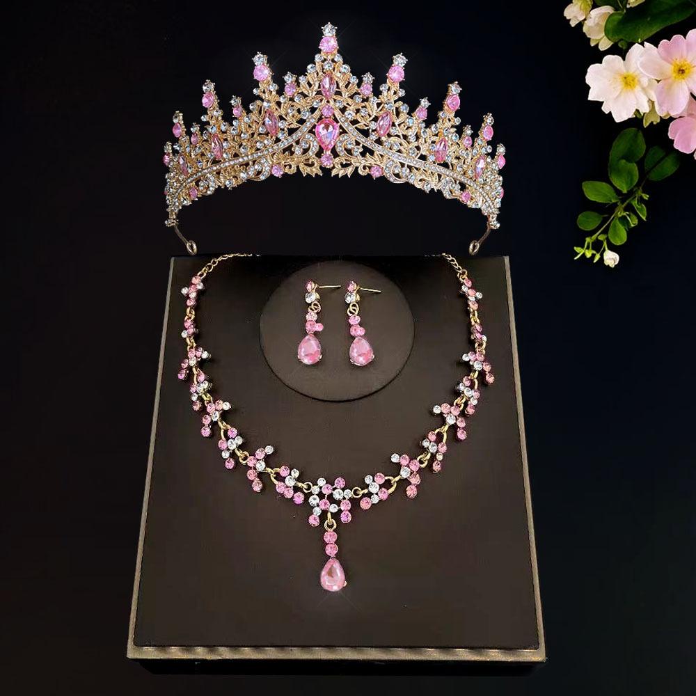 New Bridal Tiara Crown Three Piece Set  Wedding Necklace Earrings Crystal Set  Wedding Accessories