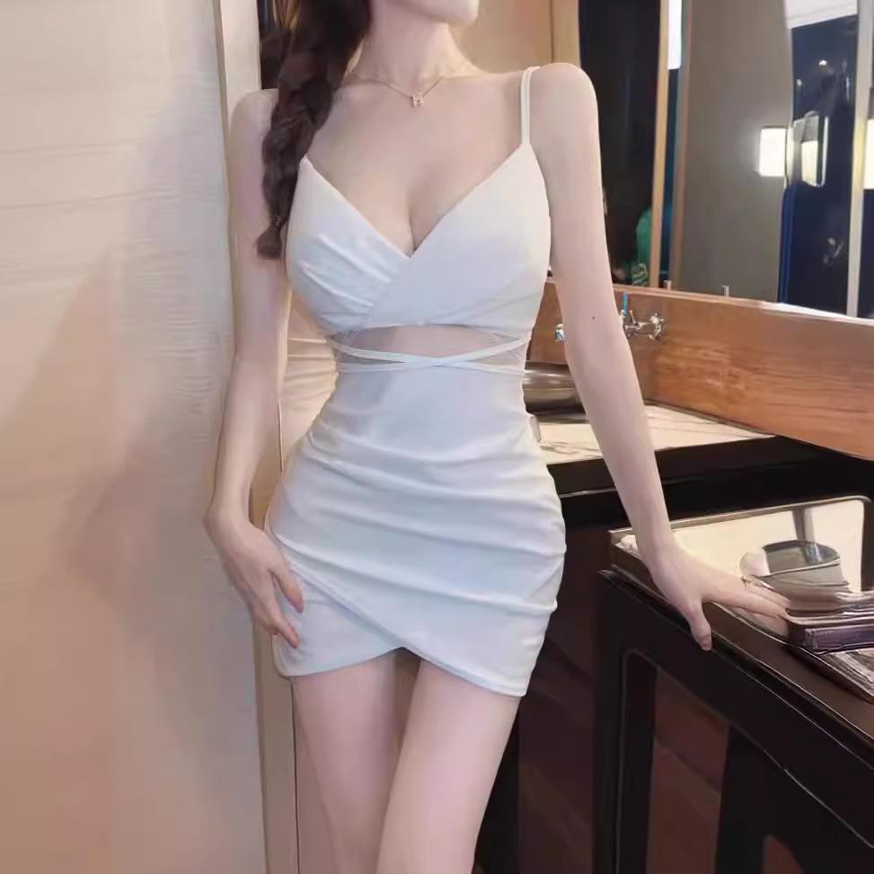 Sexy Mesh Patchwork Low-Cut Suspender Dress – Nightclub Short Skirt, Hip-Hugging Tight Fit.