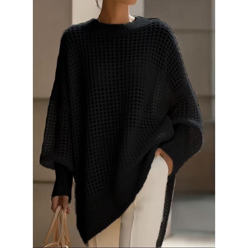 Oversized 2026 Knit Sweater Women Loose Fit Crochet Cutout Top Long Sleeve Round Neck Casual Pullover