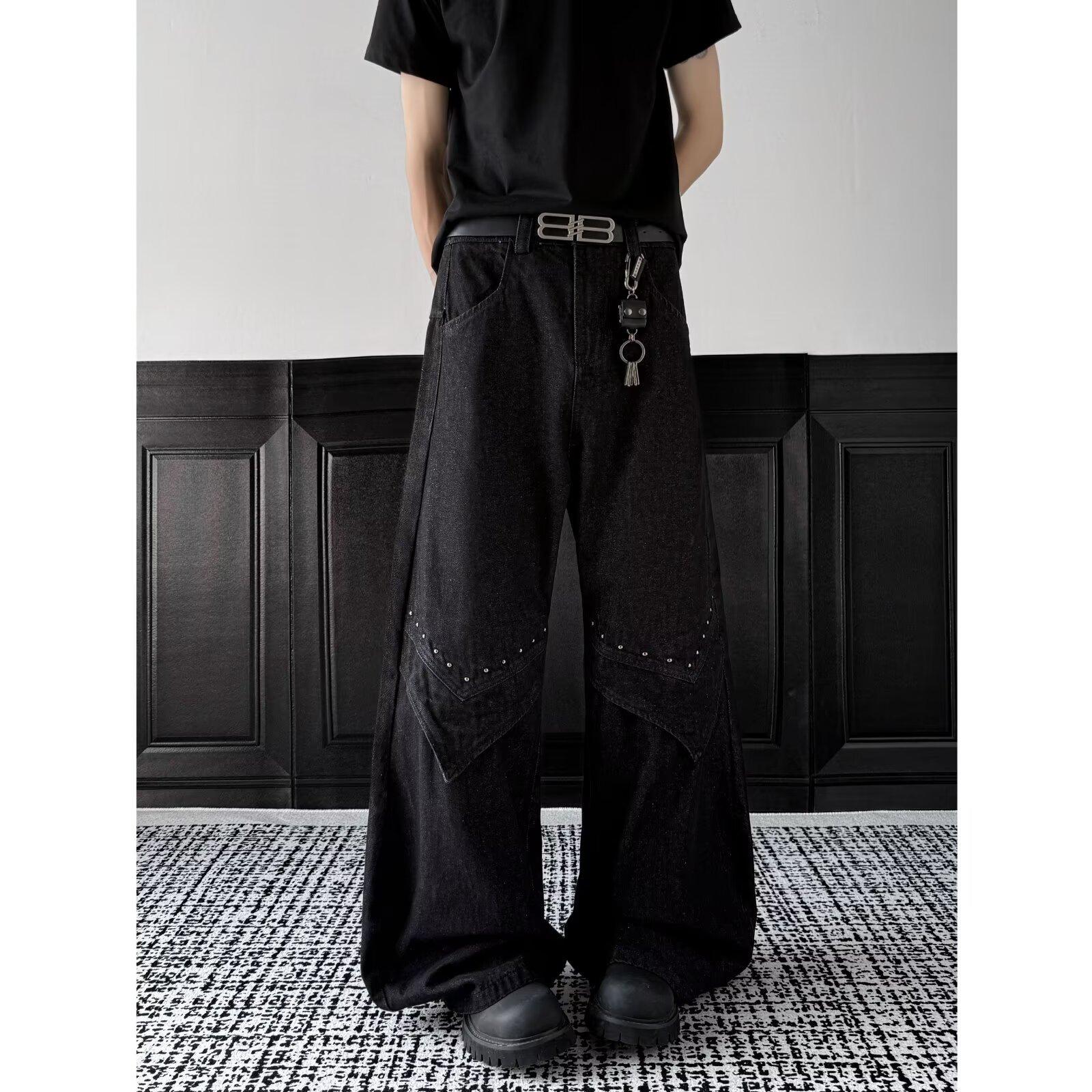 JYL Мужские Джинсы Винтажные Заклепки Пэчворк Стирка Укороченные Хип-хоп Свободные Джинсовые Брюки S амарантовый