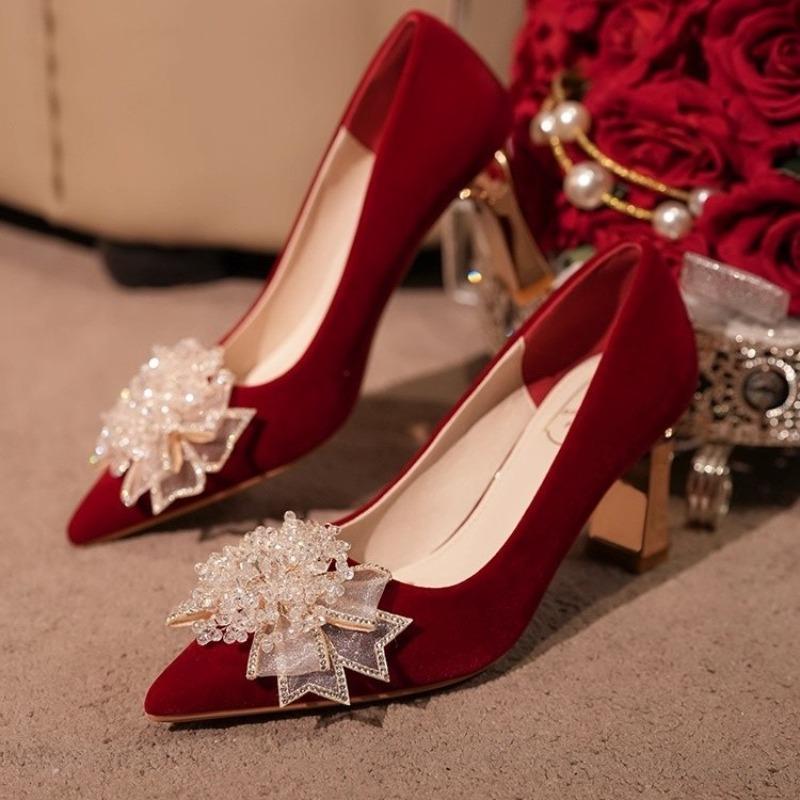 2025 Pointed Toe Rhinestone Bow Suede Women's Singles